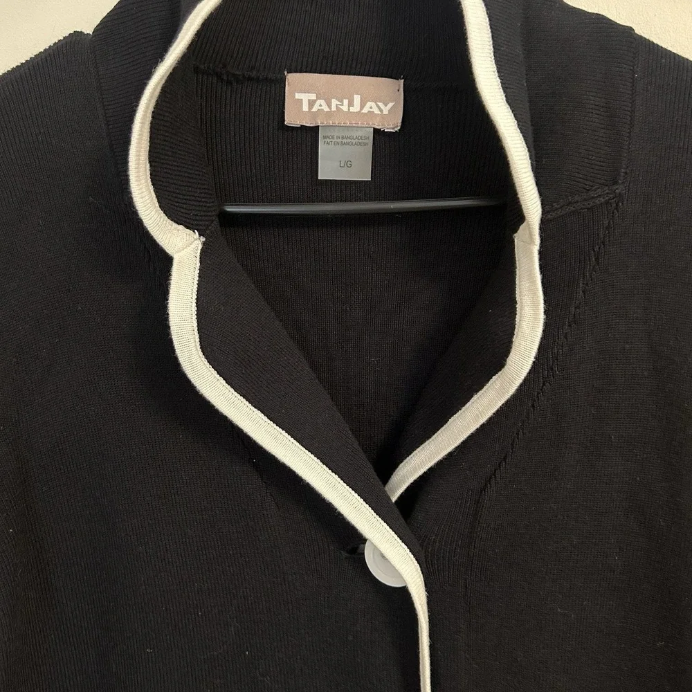 TanJay NWT Women's Black Knit Jacket Cardigan White Trim Button Front Size Large